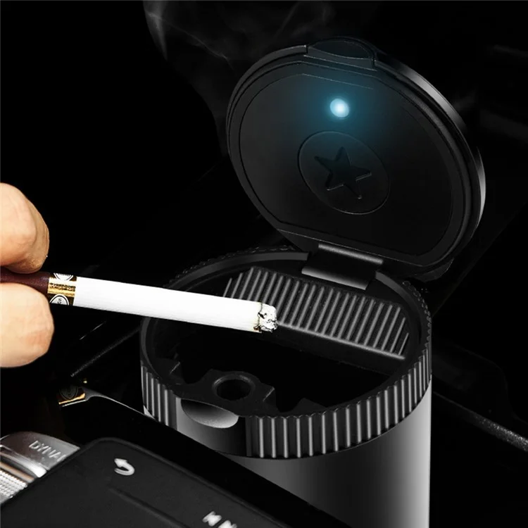 Cenicero de Coche con Luz LED de Aleación de Aluminio con Tapa - Negro