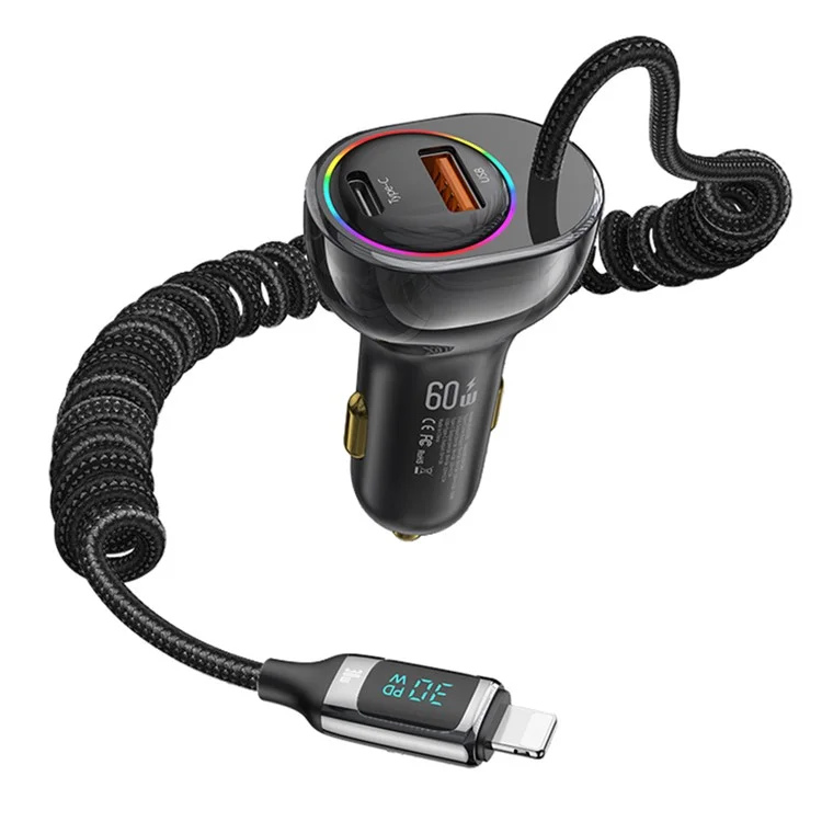 USAMS US-CC193 C37 60W Chargeur de Voiture à Chargement Rapide Type-C + Chargeur à Double Port USB Avec Câble PD 30W Pour Iphone