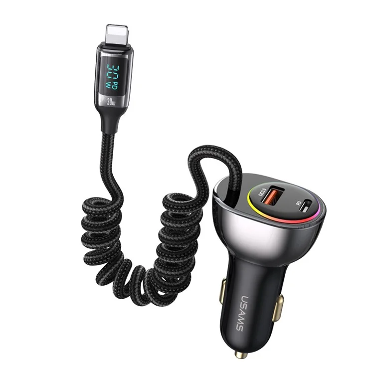 USAMS US-CC193 C37 60W Fast Charging Car Charger Type-C + USB Dual Port Charger with PD 30W Cable for iPhone