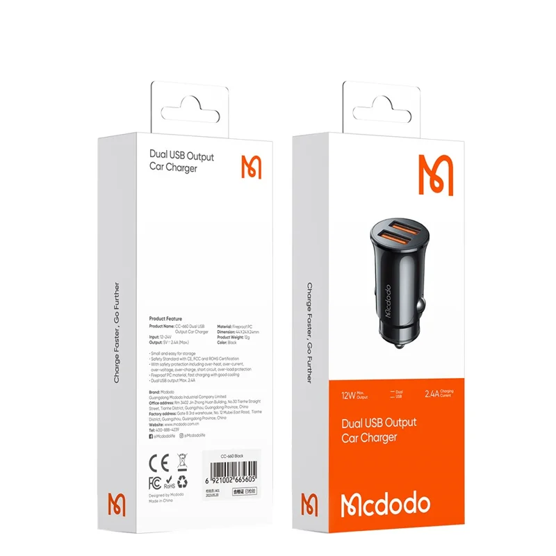 MCDODO CC-6602 Carregador de Carro Dual Port USB 5V / 2.4A, Alumínio Ligeiro Portátil Adaptador de Carregamento, Preto