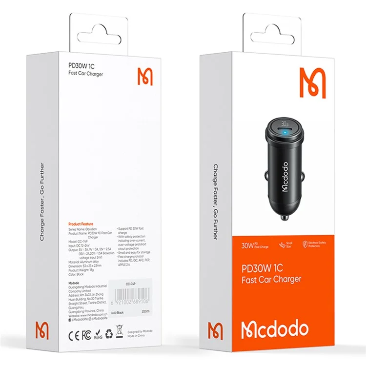 MCDODO CC-7491 PD 30W Cargador rápido de coche de puerto único mini con conector tipo C, negro