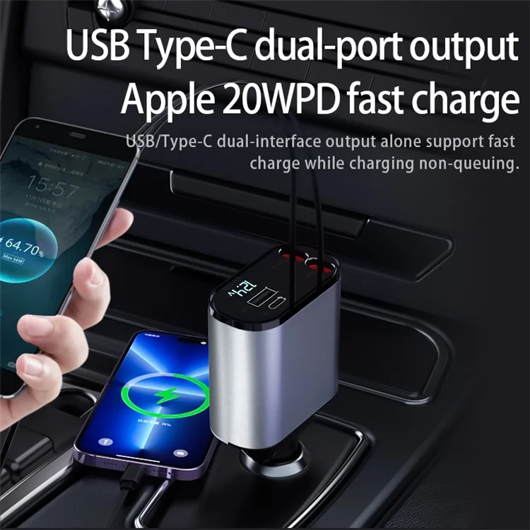 PT16 66W Phone Charging Adapter USB + Type-C Port Car Charger with Type-C and 8-Pin Retractable Cable