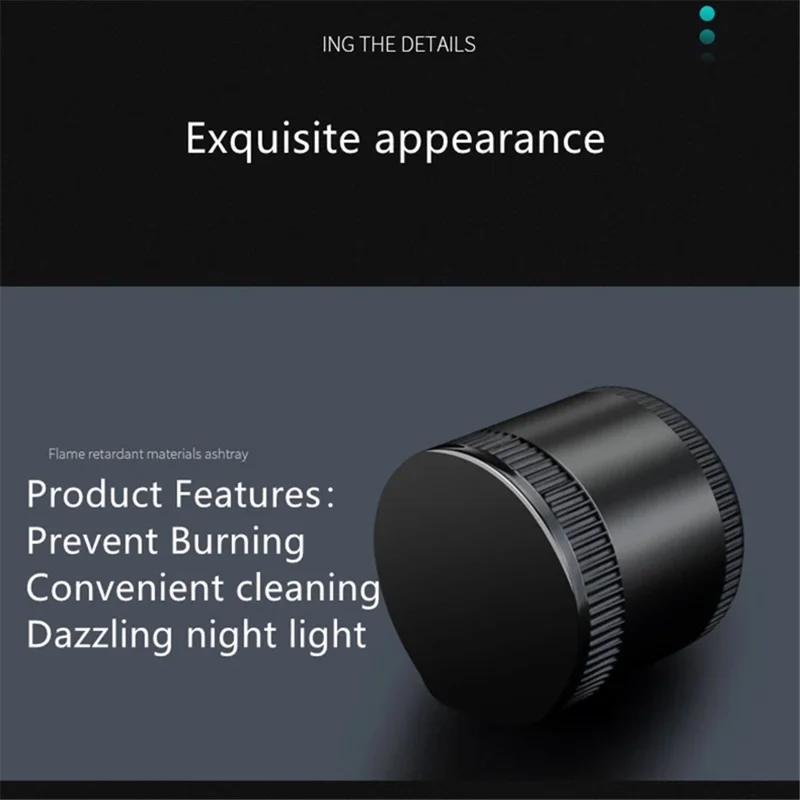 Cenicero de metal para coche creativo con luz de noche LED, resistente a altas temperaturas con soporte para cigarrillos - Negro