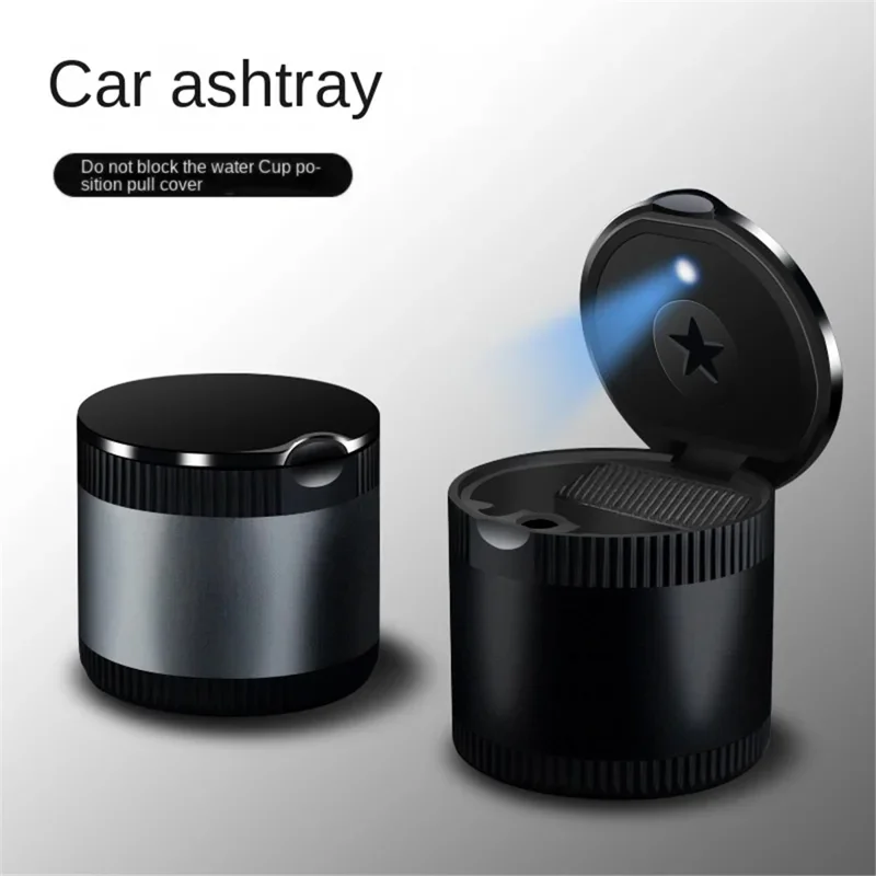 Cenicero de metal para coche creativo con luz de noche LED, resistente a altas temperaturas con soporte para cigarrillos - Negro