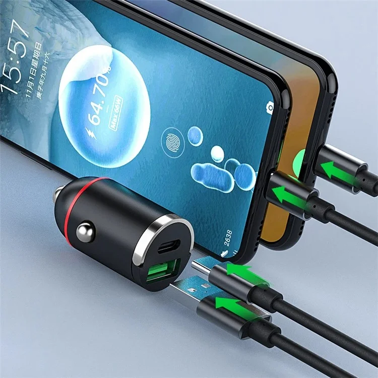 USB+Type-C Dual Port Car Charger 100W Fast Charging Mini Charging Adapter with Handle