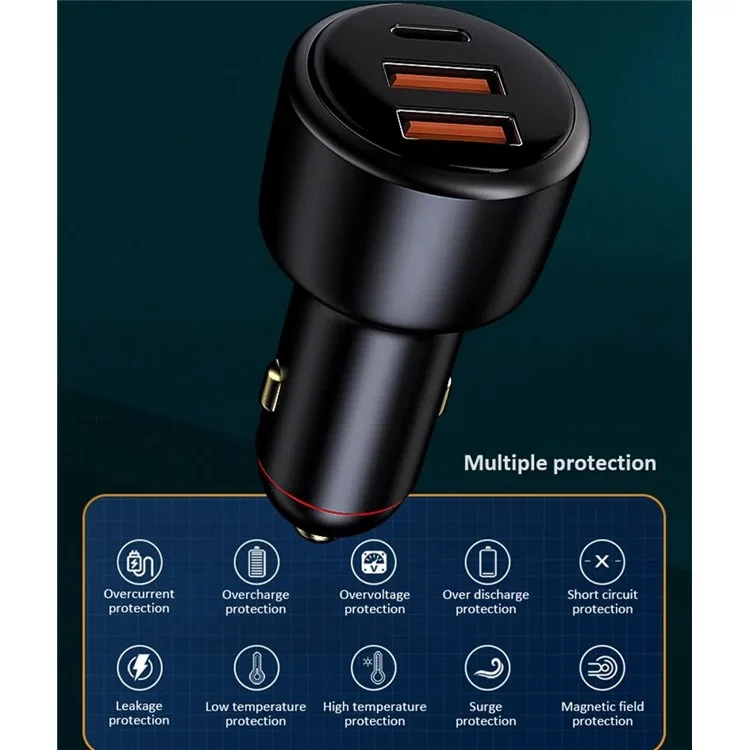 Cargador de coche de carga rápida PD3.0 65W Cargador de mechero de coche Adaptador 3 puertos 100W Super Cargador de coche