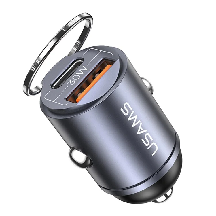 USAMS US-CC206 C38 PD 30W USB A+C Cargador rápido de aleación de aluminio para automóvil con anillo deslizante - Gris oscuro