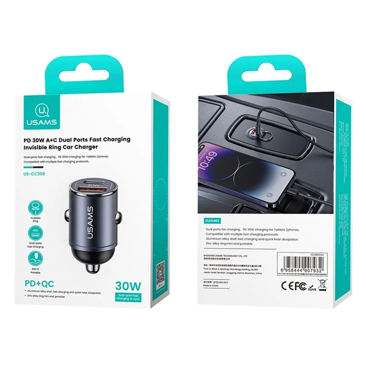 USAMS US-CC206 C38 PD 30W USB A+C Cargador rápido de aleación de aluminio para automóvil con anillo deslizante - Gris oscuro