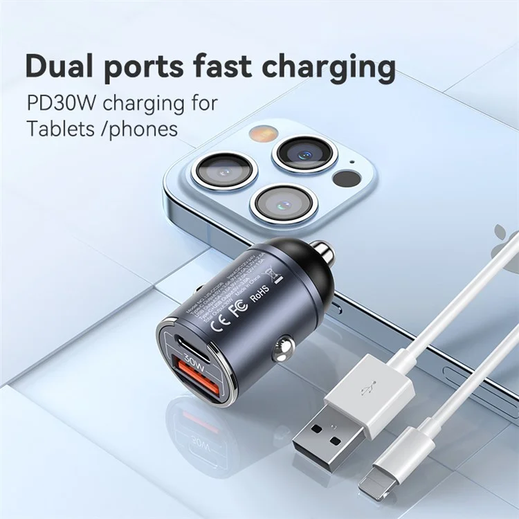 USAMS US-CC206 C38 PD 30W USB A+C Cargador rápido de aleación de aluminio para automóvil con anillo deslizante - Gris oscuro