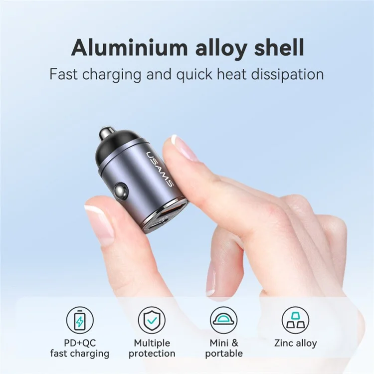 USAMS US-CC206 C38 PD 30W USB A+C Cargador rápido de aleación de aluminio para automóvil con anillo deslizante - Gris oscuro