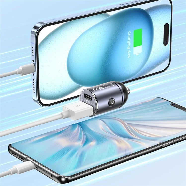 USAMS US-CC206 C38 PD 30W USB A+C Cargador rápido de aleación de aluminio para automóvil con anillo deslizante - Gris oscuro