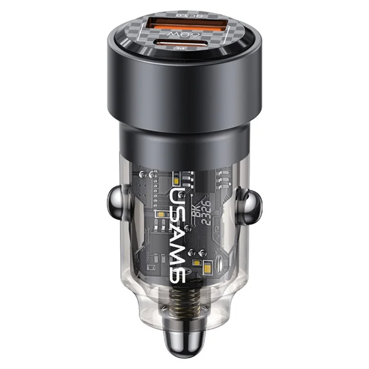 USAMS US-CC208 C39 60W USB+Type-C Cargador rápido Adaptador PC+Aleación de aluminio Cargador de coche transparente - Negro