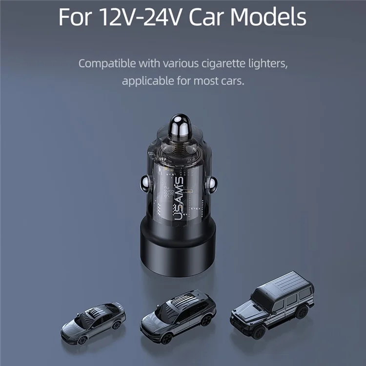 USAMS US-CC208 C39 60W USB+Type-C Cargador rápido Adaptador PC+Aleación de aluminio Cargador de coche transparente - Negro