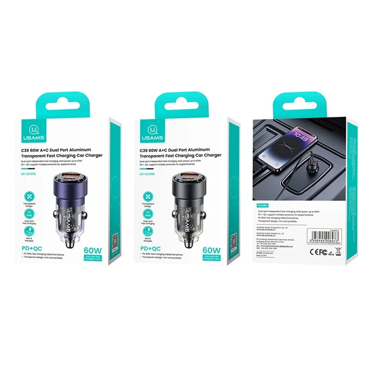 USAMS US-CC208 C39 60W USB+Type-C Cargador rápido Adaptador PC+Aleación de aluminio Cargador de coche transparente - Negro