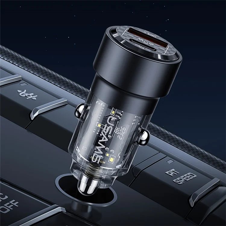 USAMS US-CC208 C39 60W USB+Type-C Cargador rápido Adaptador PC+Aleación de aluminio Cargador de coche transparente - Negro
