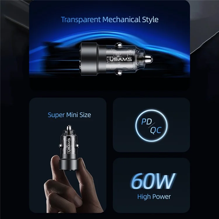 USAMS US-CC208 C39 60W USB+Type-C Cargador rápido Adaptador PC+Aleación de aluminio Cargador de coche transparente - Negro