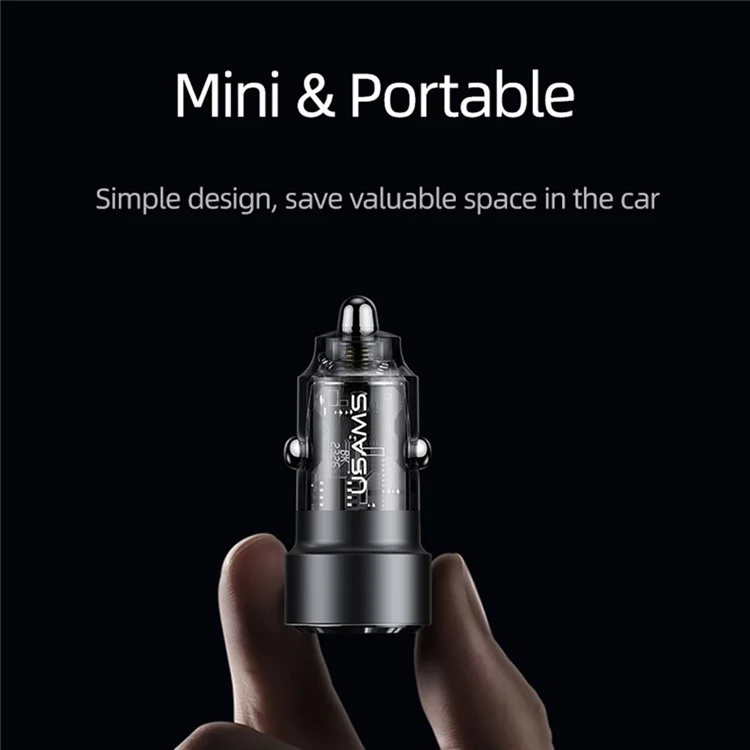 USAMS US-CC208 C39 60W USB+Type-C Cargador rápido Adaptador PC+Aleación de aluminio Cargador de coche transparente - Negro