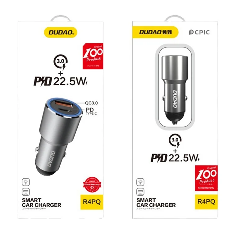 DUDAO R4PQ PD 22.5W Type-C + USB Fast Charging Adapter Aluminum Alloy Car Charger