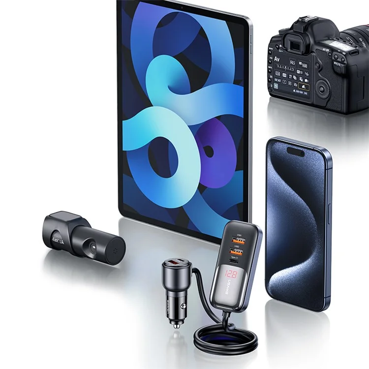 USAMS US-CC213 C40 165W Schnellladegerät Digital Display 2*Typ-C 3*USB Autoladegerät mit Kabel 