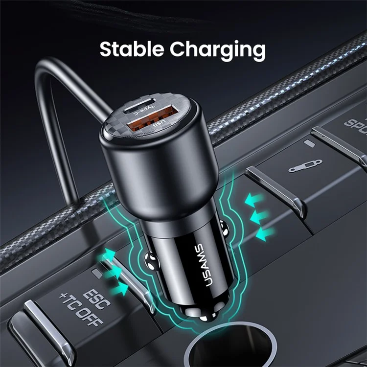 USAMS US-CC213 C40 165W Schnellladegerät Digital Display 2*Typ-C 3*USB Autoladegerät mit Kabel 