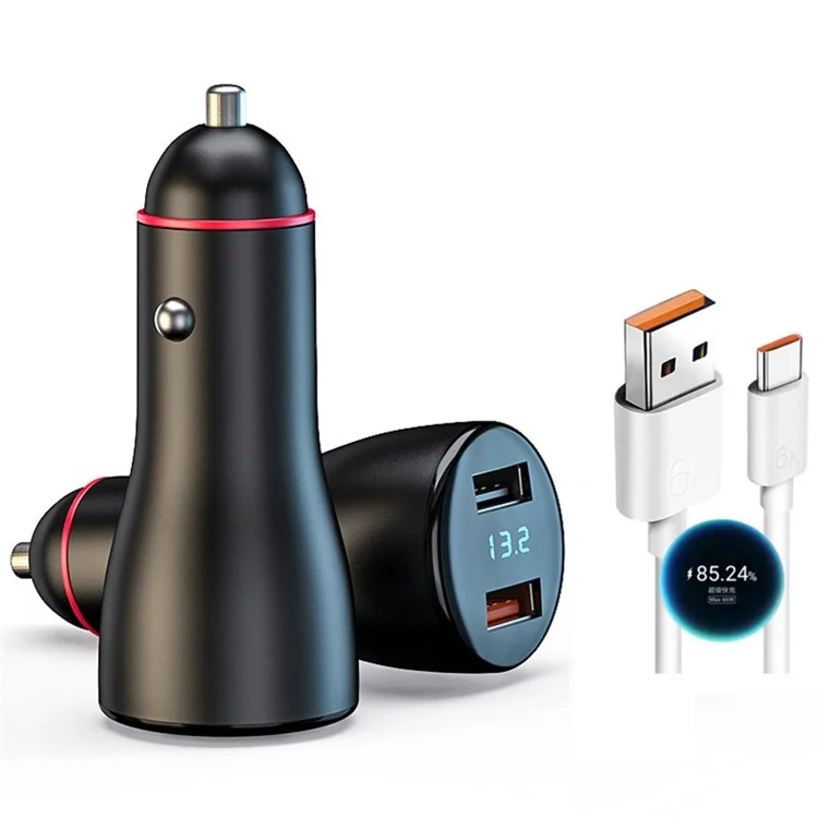 P5SXK 100W Dual USB Aluminum Alloy Adapter Voltage Detection Car Charger with 6A Cable - Black