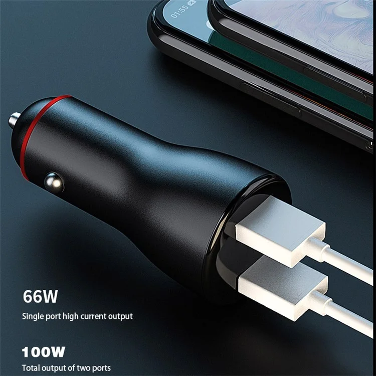 P5SXK 100W Dual USB Aluminum Alloy Adapter Voltage Detection Car Charger with 6A Cable - Black