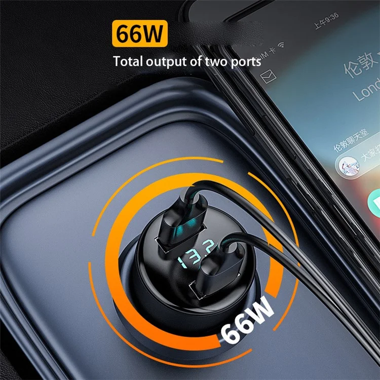 P5SXK 100W Dual USB Aluminum Alloy Adapter Voltage Detection Car Charger with 6A Cable - Black