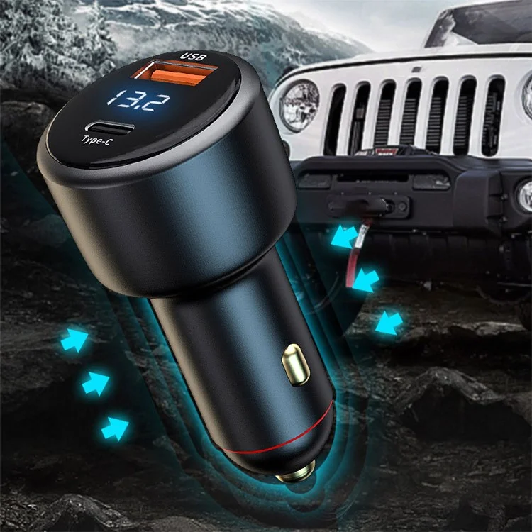 P6C PD 100W USB+Type-C Aluminum Alloy Adapter Voltage Digital Display Car Charger