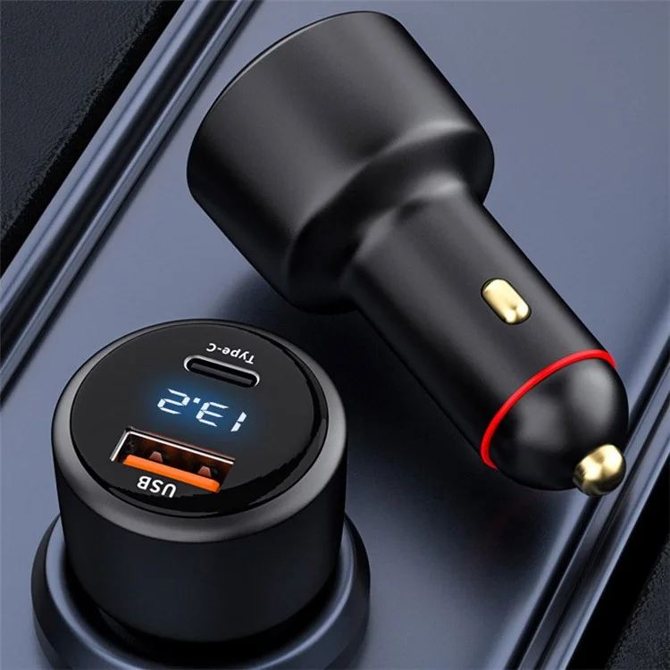 P6C PD 100W USB+Type-C Aluminum Alloy Adapter Voltage Digital Display Car Charger