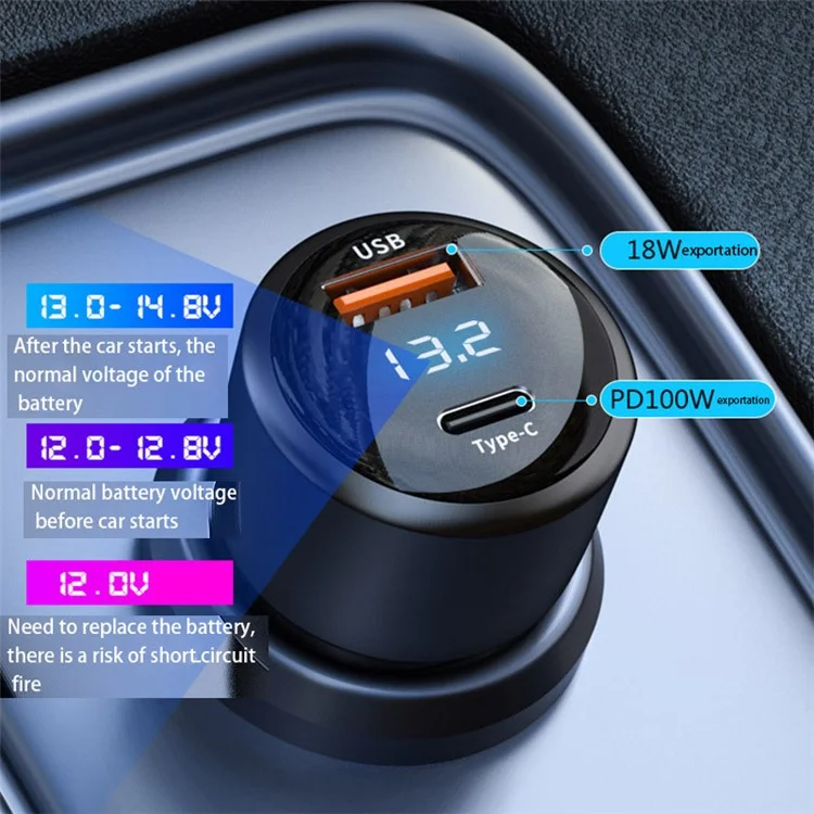 P6C PD 100W USB+Type-C Aluminum Alloy Adapter Voltage Digital Display Car Charger