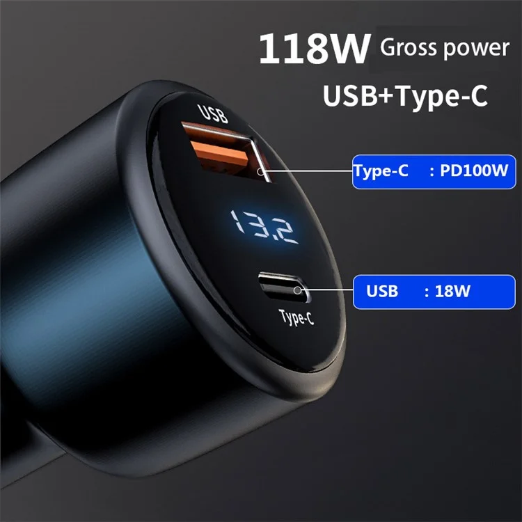 P6C PD 100W USB+Type-C Aluminum Alloy Adapter Voltage Digital Display Car Charger