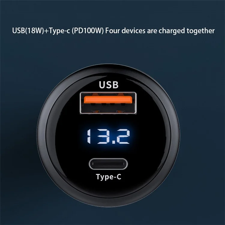 P6C PD 100W USB+Type-C Aluminum Alloy Adapter Voltage Digital Display Car Charger