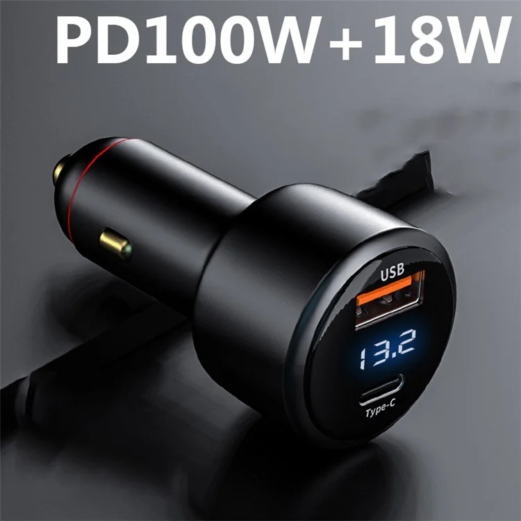 P6C PD 100W USB+Type-C Aluminum Alloy Adapter Voltage Digital Display Car Charger