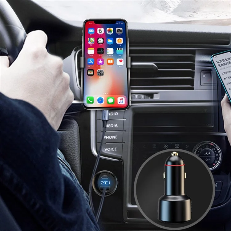 P6C PD 100W USB+Type-C Aluminum Alloy Adapter Voltage Digital Display Car Charger