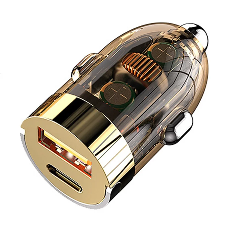 G20TJ 120W Type-C+USB Fast Charging Adapter Zinc Alloy+PC Car Charger with Cable - Transparent Gold