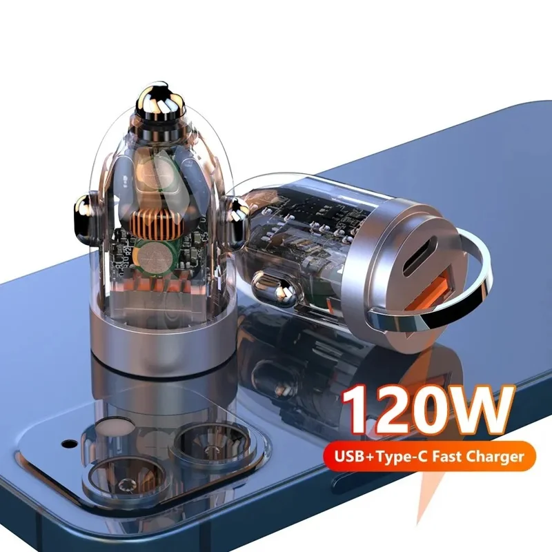 G20TJ 120W Type-C+USB Fast Charging Adapter Zinc Alloy+PC Car Charger with Cable - Transparent Gold