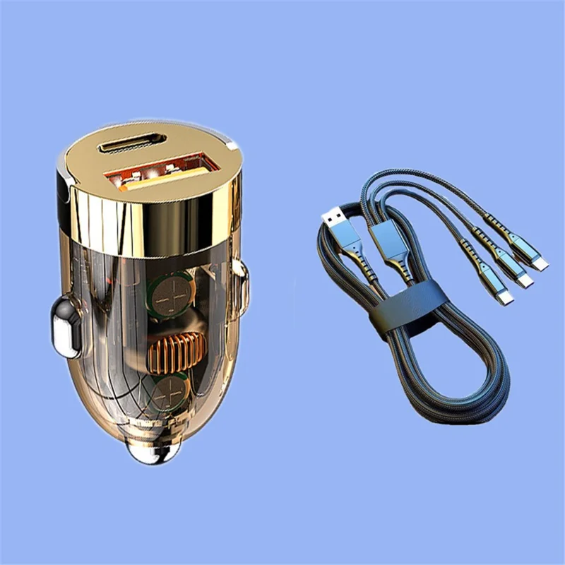 G20TJ 120W Type-C+USB Fast Charging Adapter Zinc Alloy+PC Car Charger with Cable - Transparent Gold