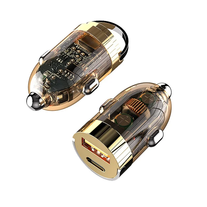G20TJ 120W Type-C+USB Fast Charging Adapter Zinc Alloy+PC Car Charger with Cable - Transparent Gold