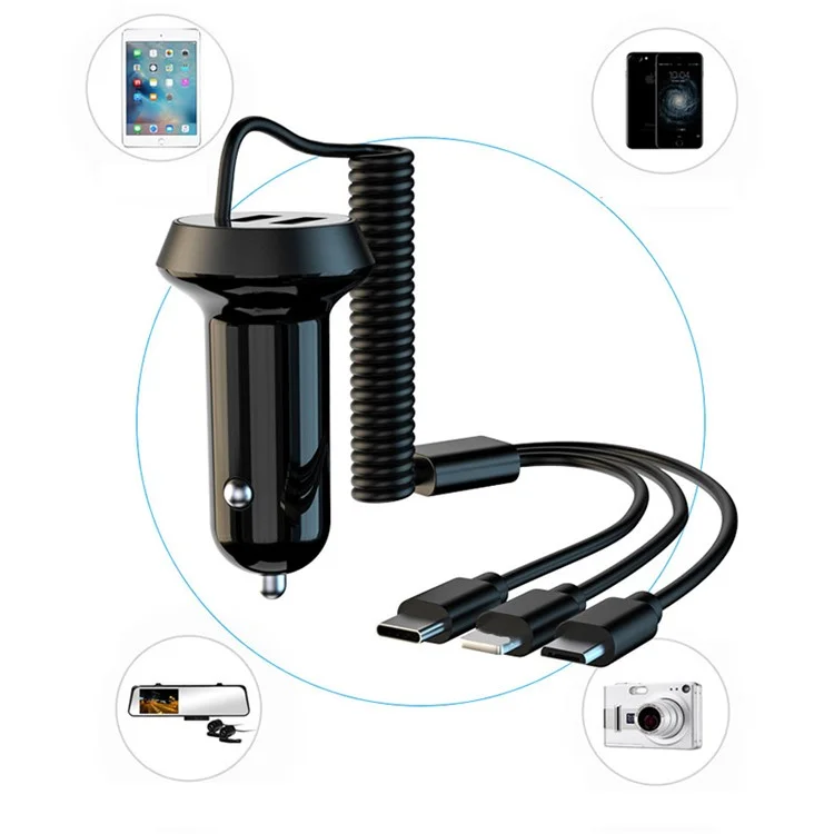 R3X Dual USB Car Charger PC Phone Charging Adapter with 3-in-1 Cable - Black
