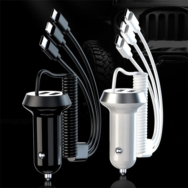 R3X Dual USB Car Charger PC Phone Charging Adapter with 3-in-1 Cable - Black