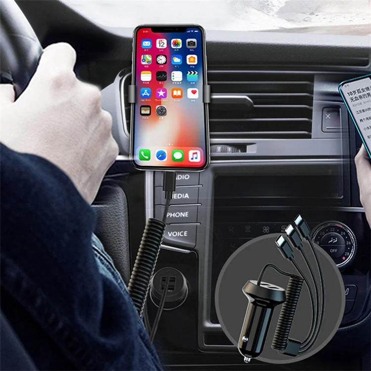 R3X Dual USB Car Charger PC Phone Charging Adapter with 3-in-1 Cable - Black
