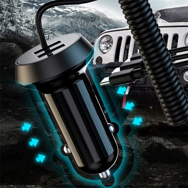 R3X Dual USB Car Charger PC Phone Charging Adapter with 3-in-1 Cable - Black