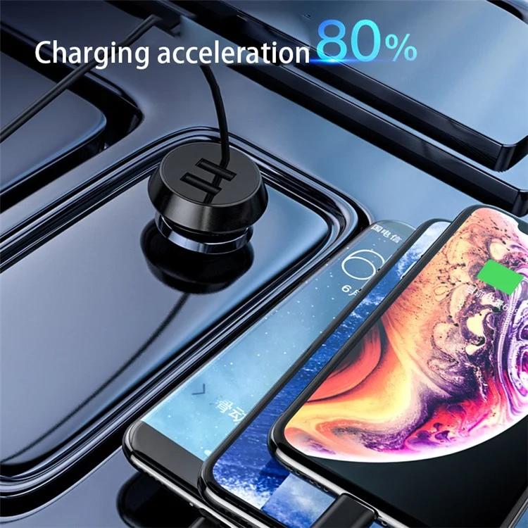 R3X Dual USB Car Charger PC Phone Charging Adapter with 3-in-1 Cable - Black