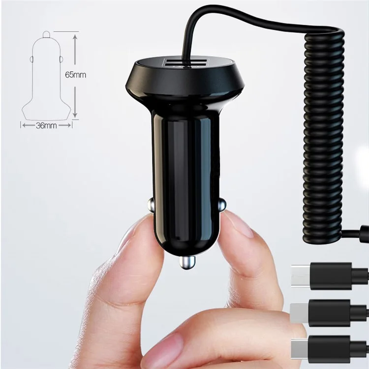 R3X Dual USB Car Charger PC Phone Charging Adapter with 3-in-1 Cable - Black