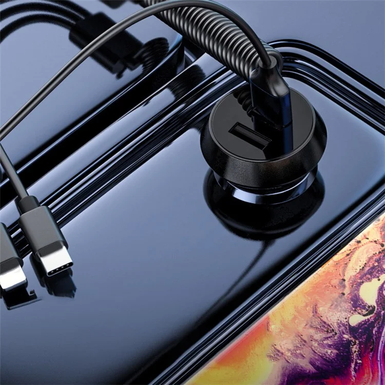 R3X Dual USB Car Charger PC Phone Charging Adapter with 3-in-1 Cable - Black
