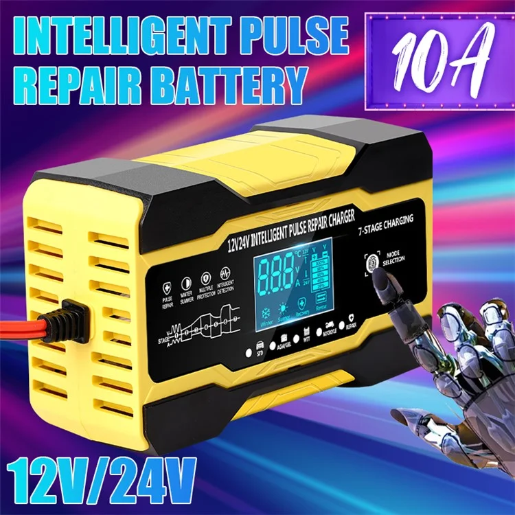 RJTIANYE RJ-C121001A 12V Car Battery Charger 12V10A 24V5A Motorcycle Battery Charger - UK Plug / Yellow
