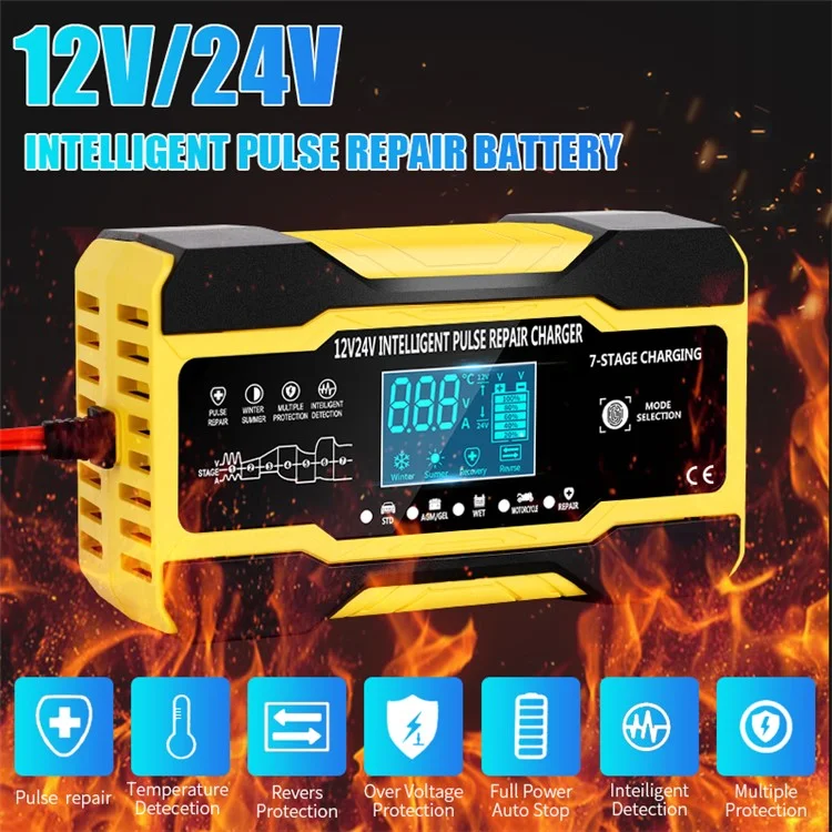 RJTIANYE RJ-C121001A 12V Car Battery Charger 12V10A 24V5A Motorcycle Battery Charger - UK Plug / Yellow
