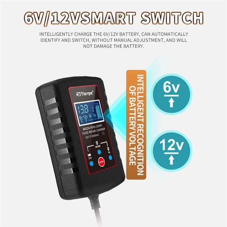 RJTIANYE RJ-C120201A Ultra-Thin 6V 12V Charger with ASE Adapter Cable for Car Battery Charger - US Plug