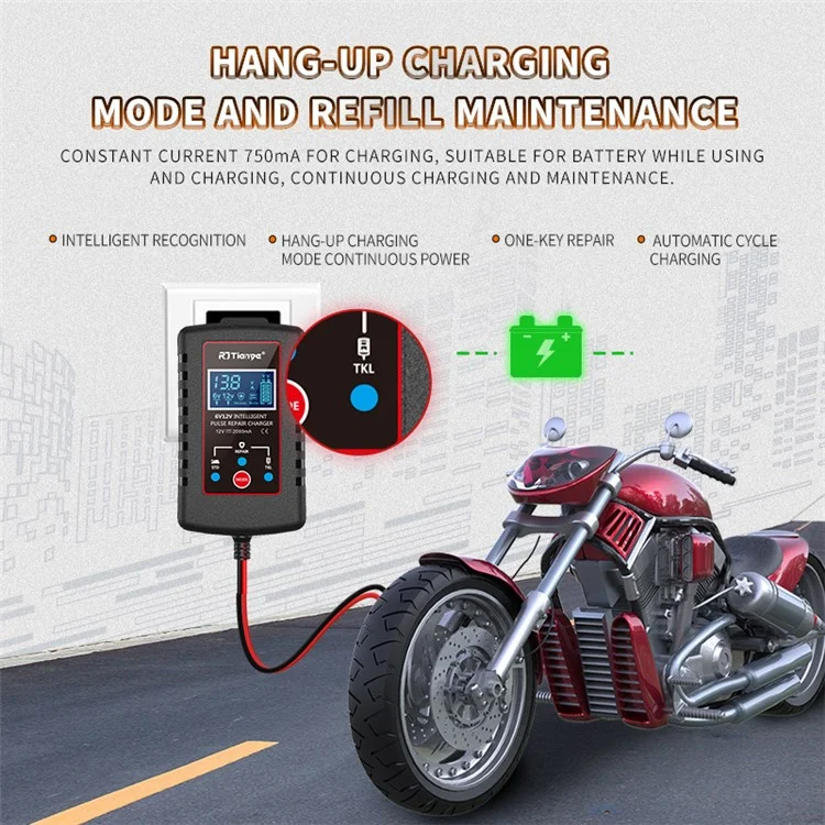 RJTIANYE RJ-C120201A Ultra-Thin 6V 12V Charger with ASE Adapter Cable for Car Battery Charger - US Plug