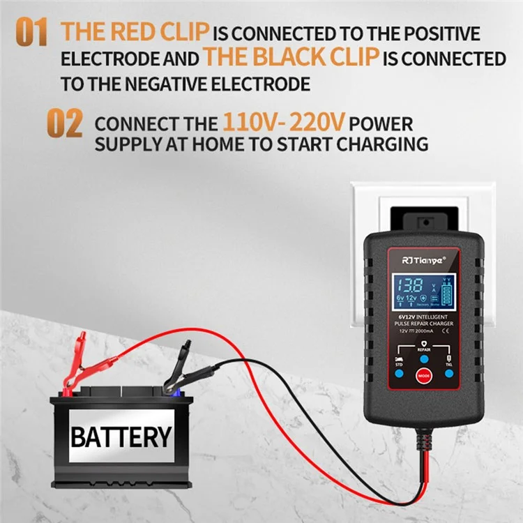RJTIANYE RJ-C120201A Ultra-Thin 6V 12V Charger with ASE Adapter Cable for Car Battery Charger - US Plug